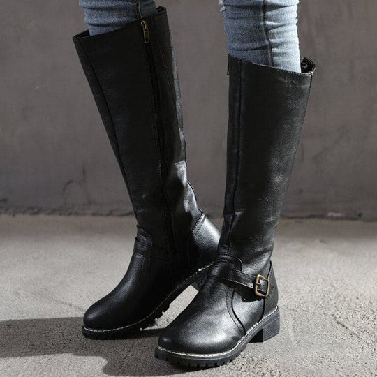Kniefestausschuhe - Flache Lederstiefel für Damen mit weitem Schaft für den Winter R&B