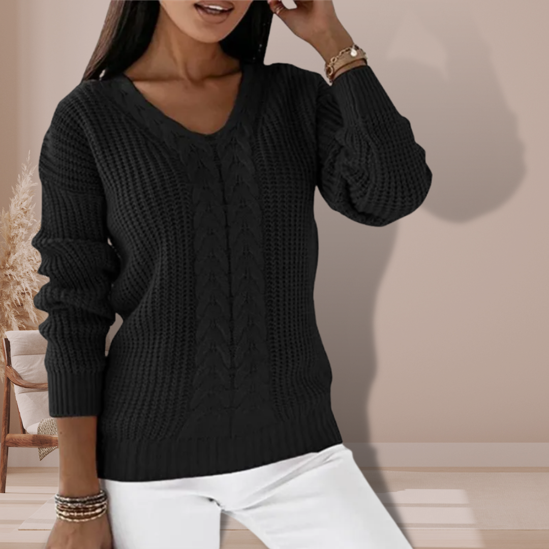 R&B | Warmer Damenpullover mit V-Ausschnitt und Kabelmuster