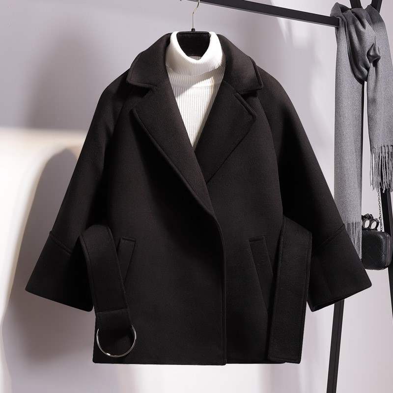 R&B | Damen Kurze Woll Winterjacke mit Breitem Gürtel und Reverskragen