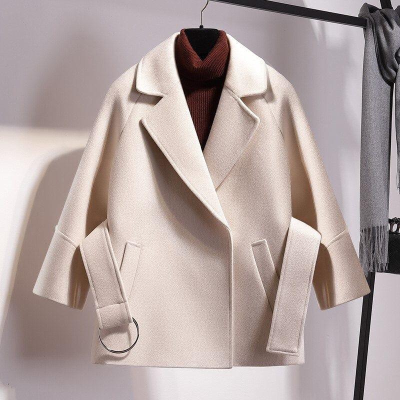 R&B | Damen Kurze Woll Winterjacke mit Breitem Gürtel und Reverskragen