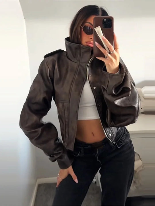 R&B | Kunstlederjacke - Modische verkürzte Bikerjacke mit Ballonärmel & stilvollem Design