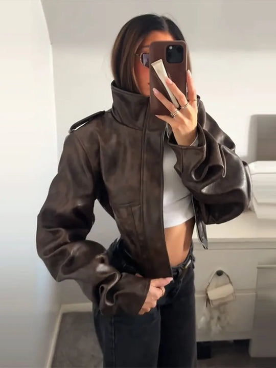 R&B | Kunstlederjacke - Modische verkürzte Bikerjacke mit Ballonärmel & stilvollem Design