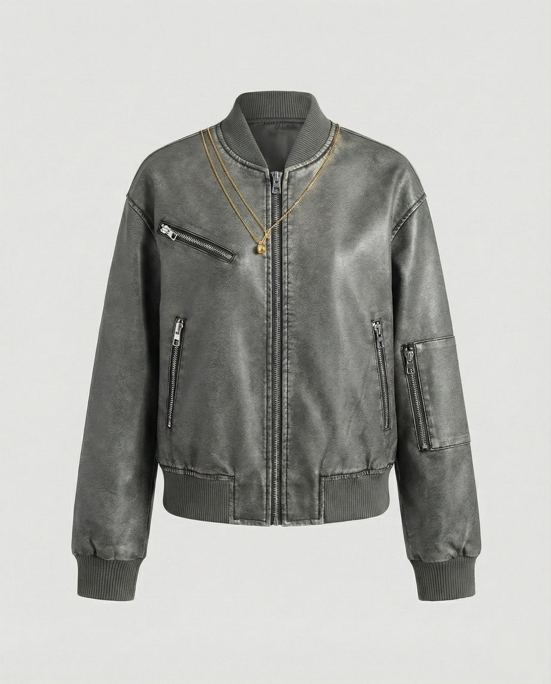 Kurz geschnittene Fliegerblousonjacke mit mehreren Reißverschlüssen und geripptem Abschluss R&B