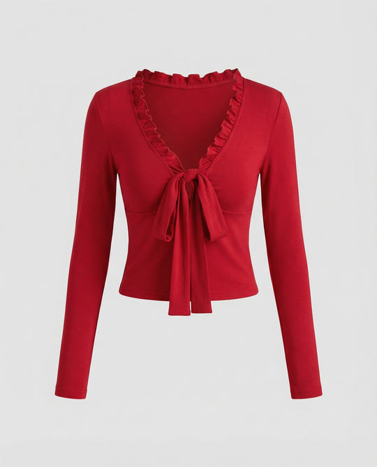 Romantisches Langarmshirt mit V-Ausschnitt und verspielter Schleife