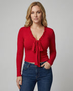 Romantisches Langarmshirt mit V-Ausschnitt und verspielter Schleife