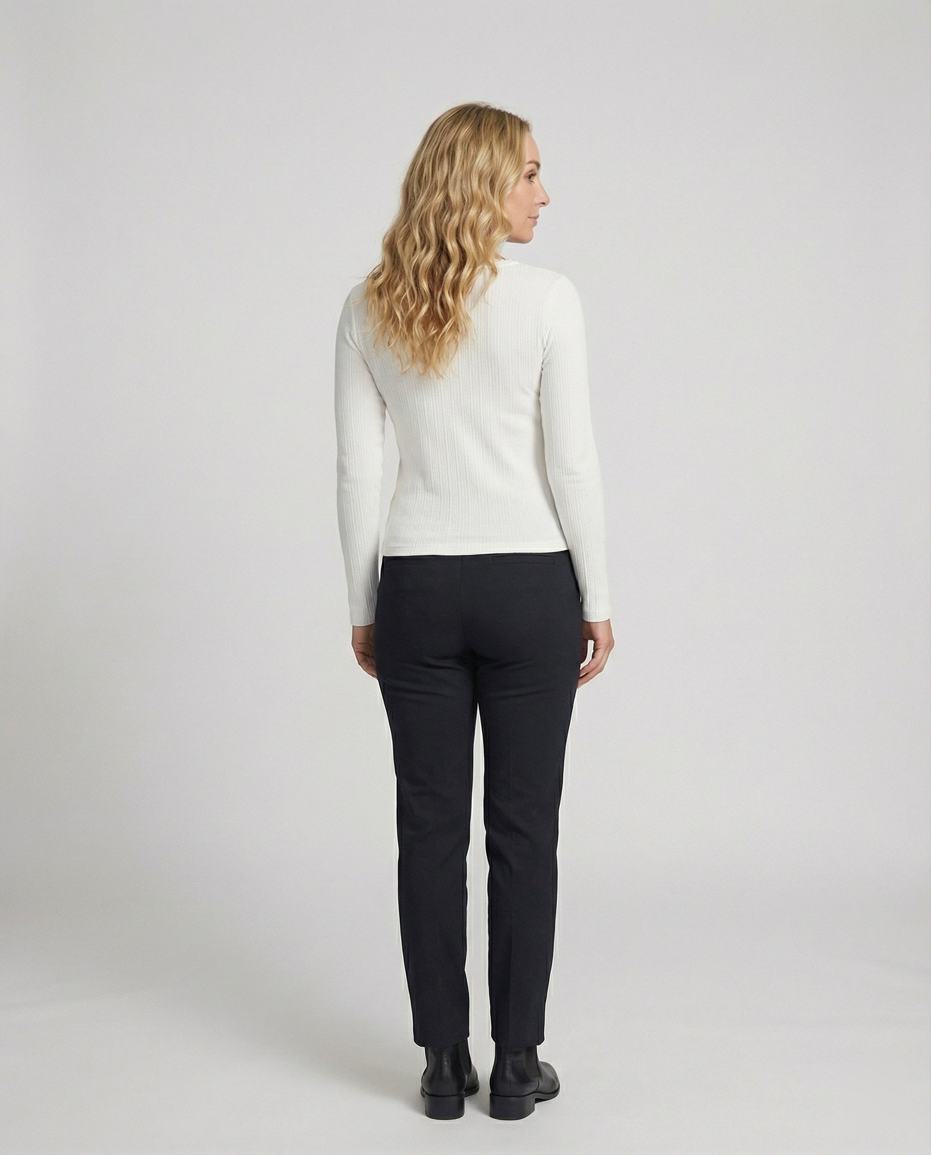 Damen Langarmshirt Slim Fit V-Ausschnitt Weiß Knopfleiste