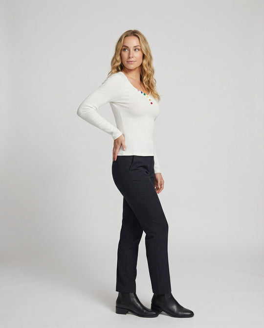 Damen Langarmshirt Slim Fit V-Ausschnitt Weiß Knopfleiste
