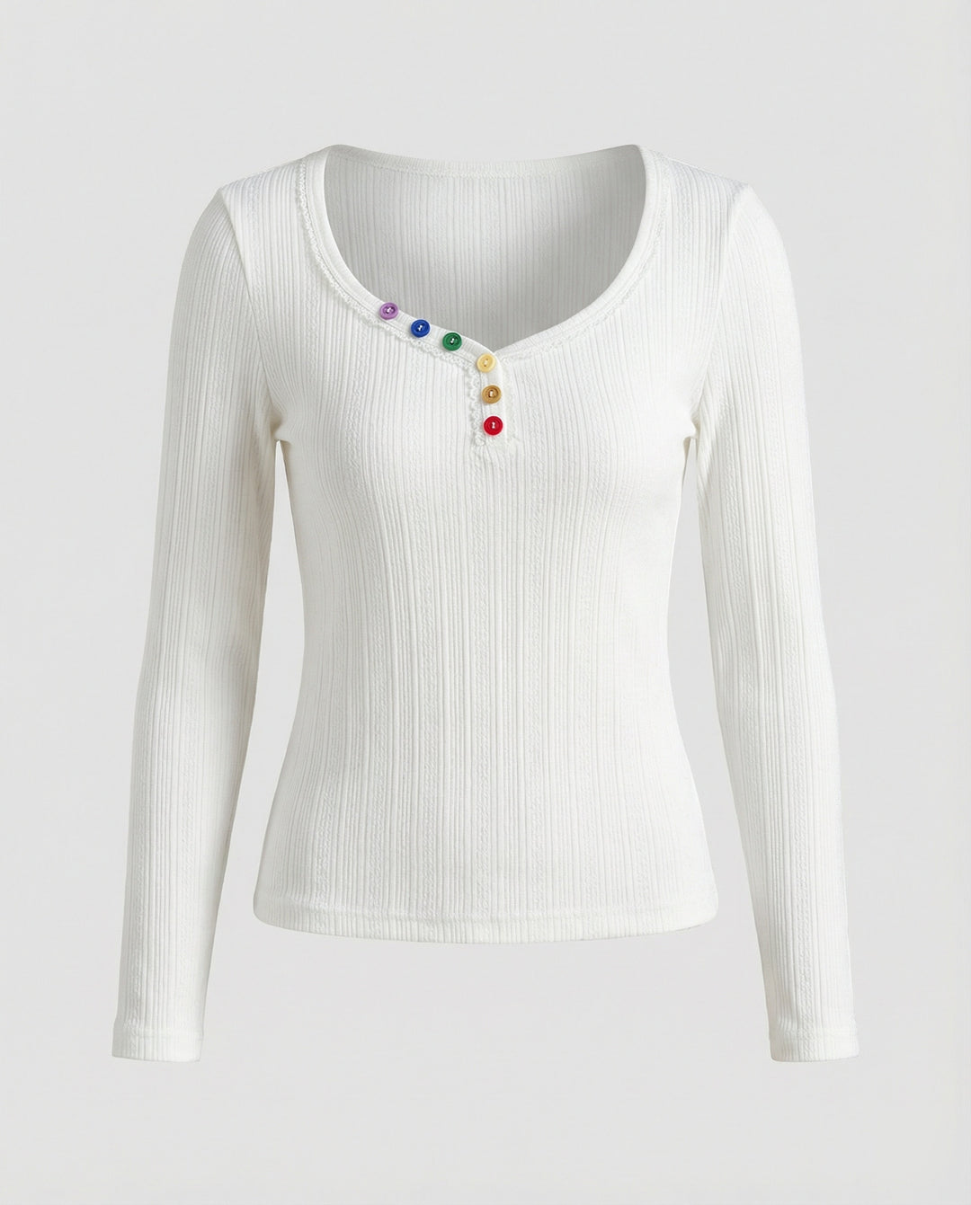 Damen Langarmshirt Slim Fit V-Ausschnitt Weiß Knopfleiste