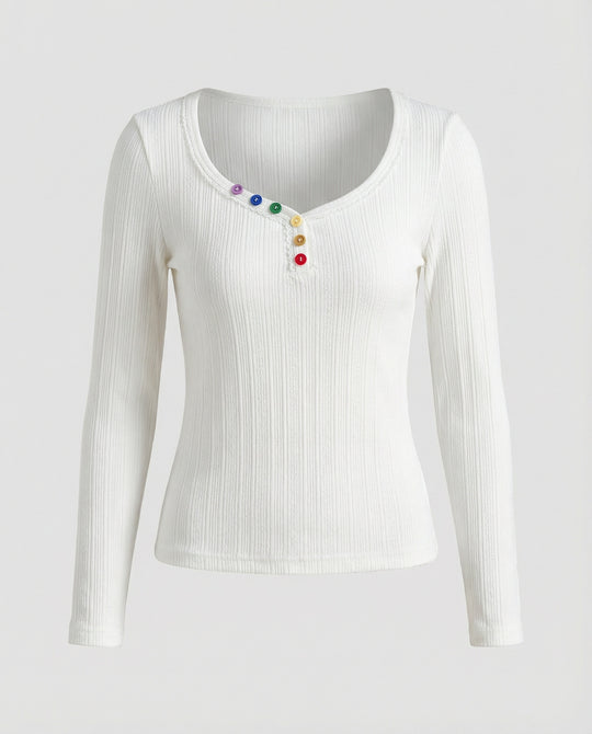 Damen Langarmshirt Slim Fit V-Ausschnitt Weiß Knopfleiste