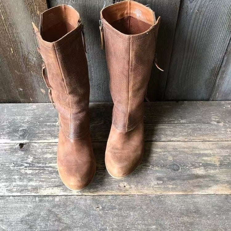 Stiefel mit Absatz - Braune Lederstiefel mit Reißverschluss bis zur Hälfte der Wade für Frauen R&B