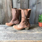 Stiefel mit Absatz - Braune Lederstiefel mit Reißverschluss bis zur Hälfte der Wade für Frauen R&B