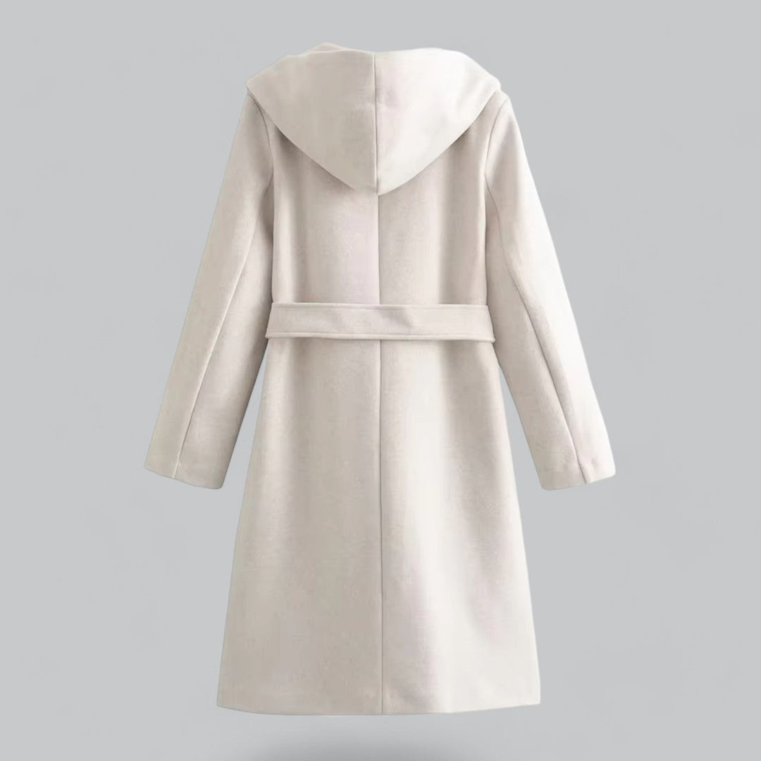 R&B | Damen Woll Winterjacke mit Kapuze und Gürtel im knielangen Stil