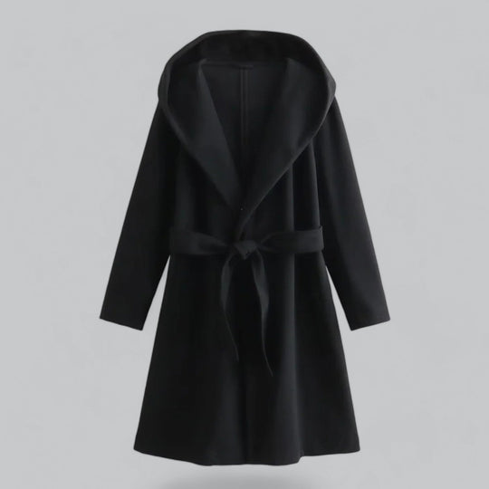 R&B | Damen Woll Winterjacke mit Kapuze und Gürtel im knielangen Stil