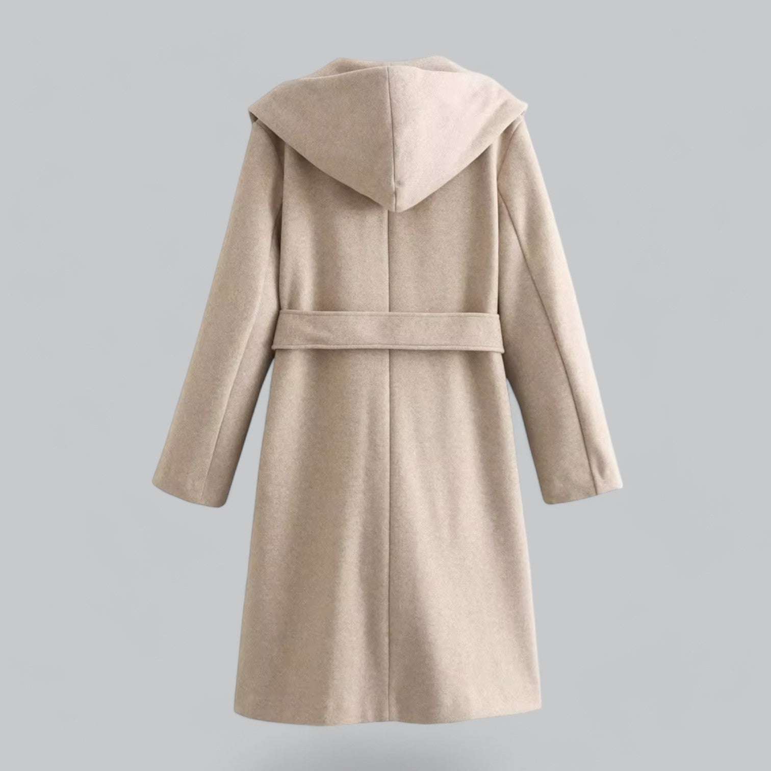 R&B | Damen Woll Winterjacke mit Kapuze und Gürtel im knielangen Stil