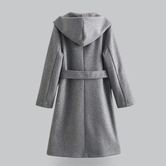R&B | Damen Woll Winterjacke mit Kapuze und Gürtel im knielangen Stil