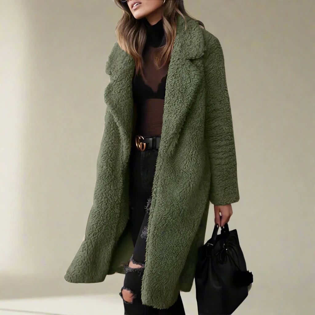 R&B | Damen Lange Teddy Jacke Aus Kunstfell mit Reverskragen