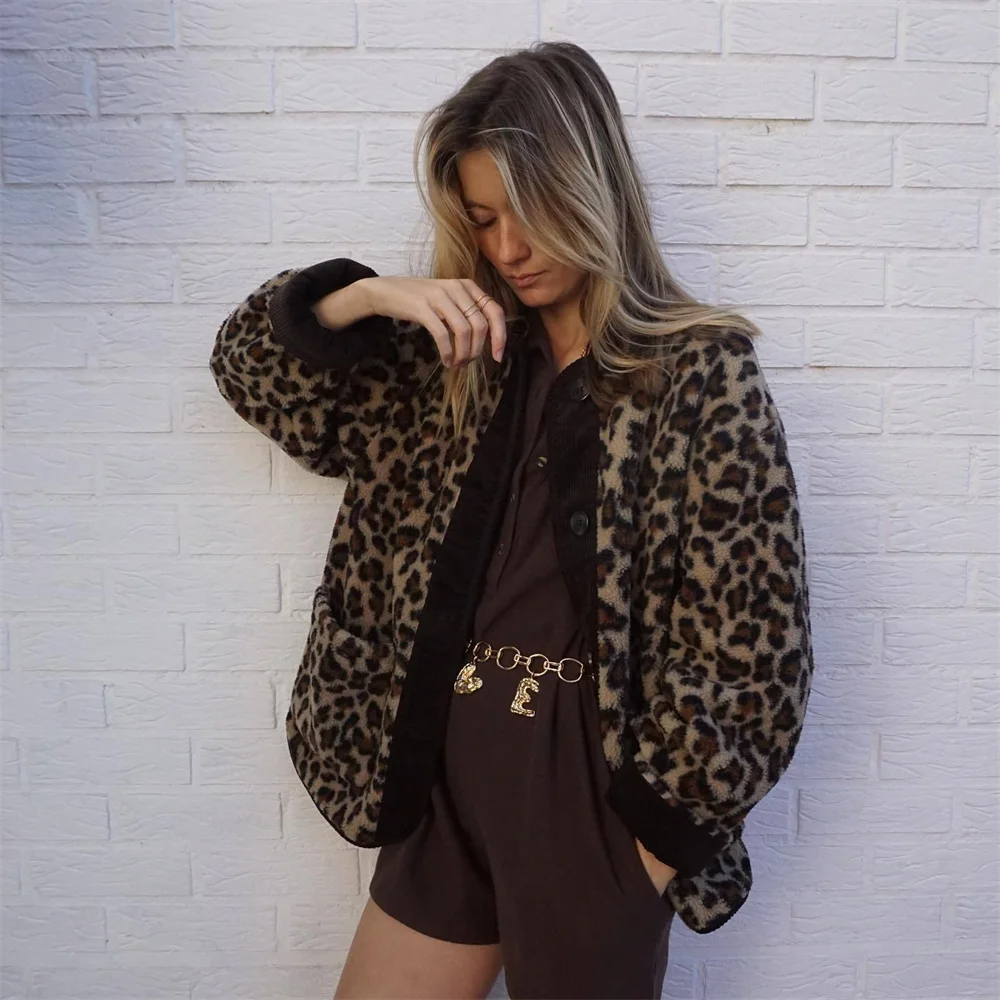R&B | Damen Leopardenmuster O-Ausschnitt Woll Winterjacke