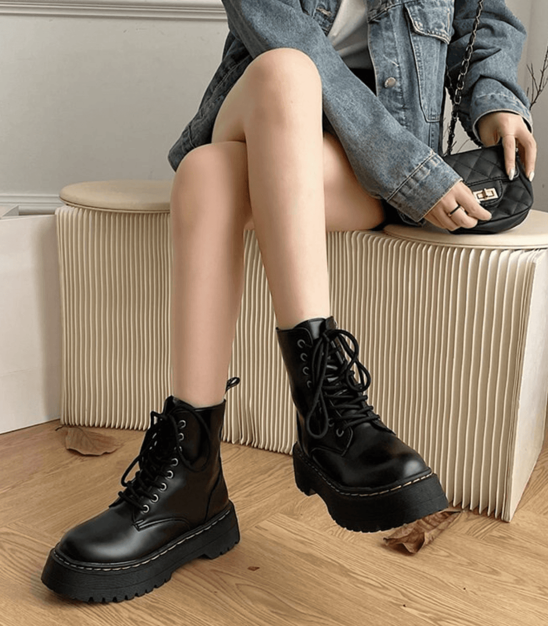 Lederstiefel - Schnürschuhe - Schwarz - Chunky Stiefel - Damenstiefel R&B