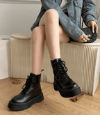 Lederstiefel - Schnürschuhe - Schwarz - Chunky Stiefel - Damenstiefel R&B
