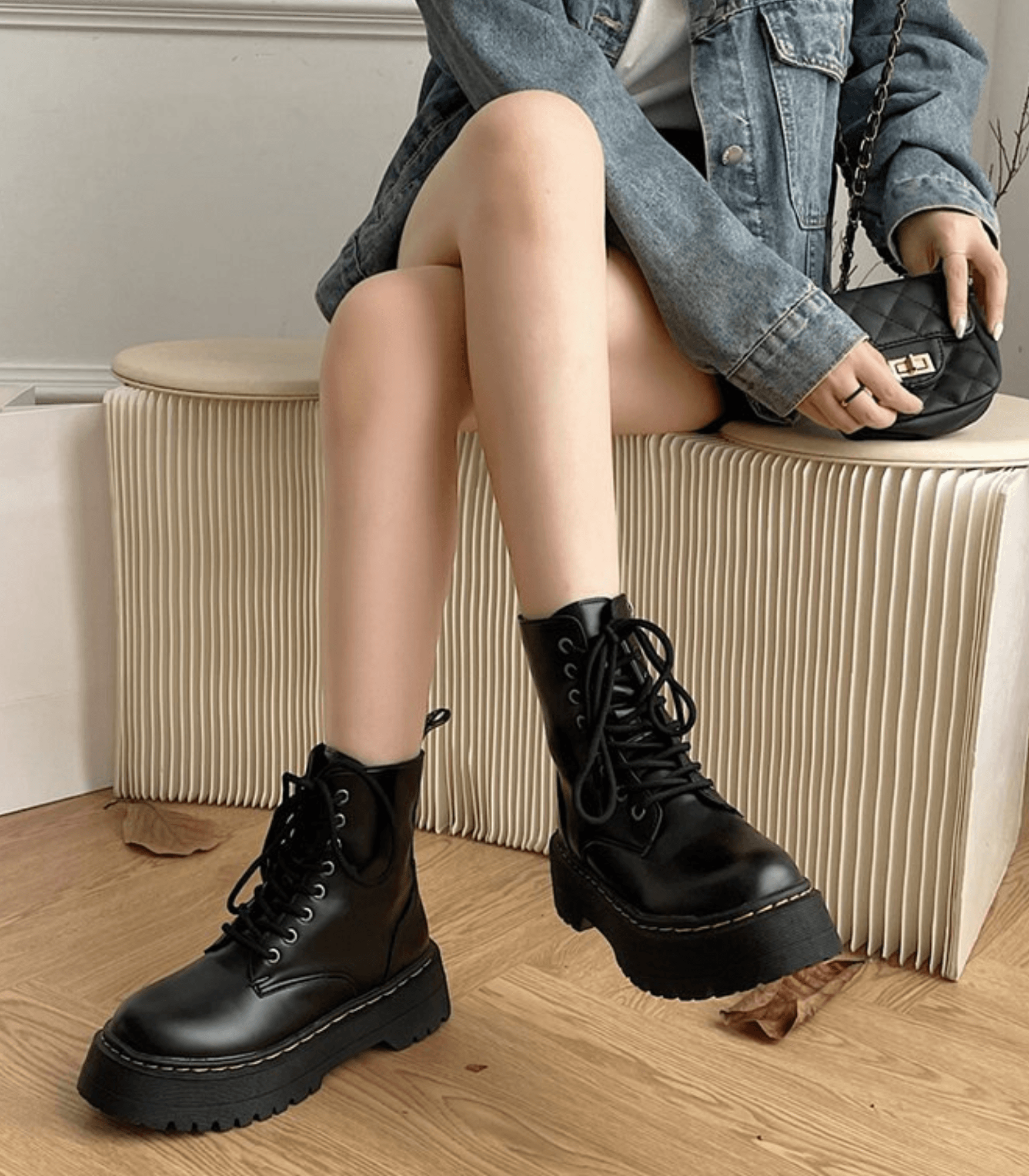 Lederstiefel - Schnürschuhe - Schwarz - Chunky Stiefel - Damenstiefel R&B