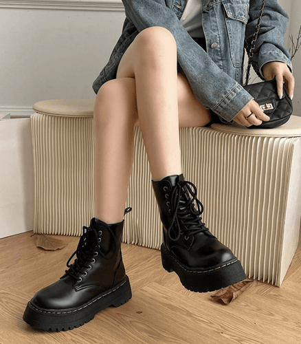 Lederstiefel - Schnürschuhe - Schwarz - Chunky Stiefel - Damenstiefel R&B