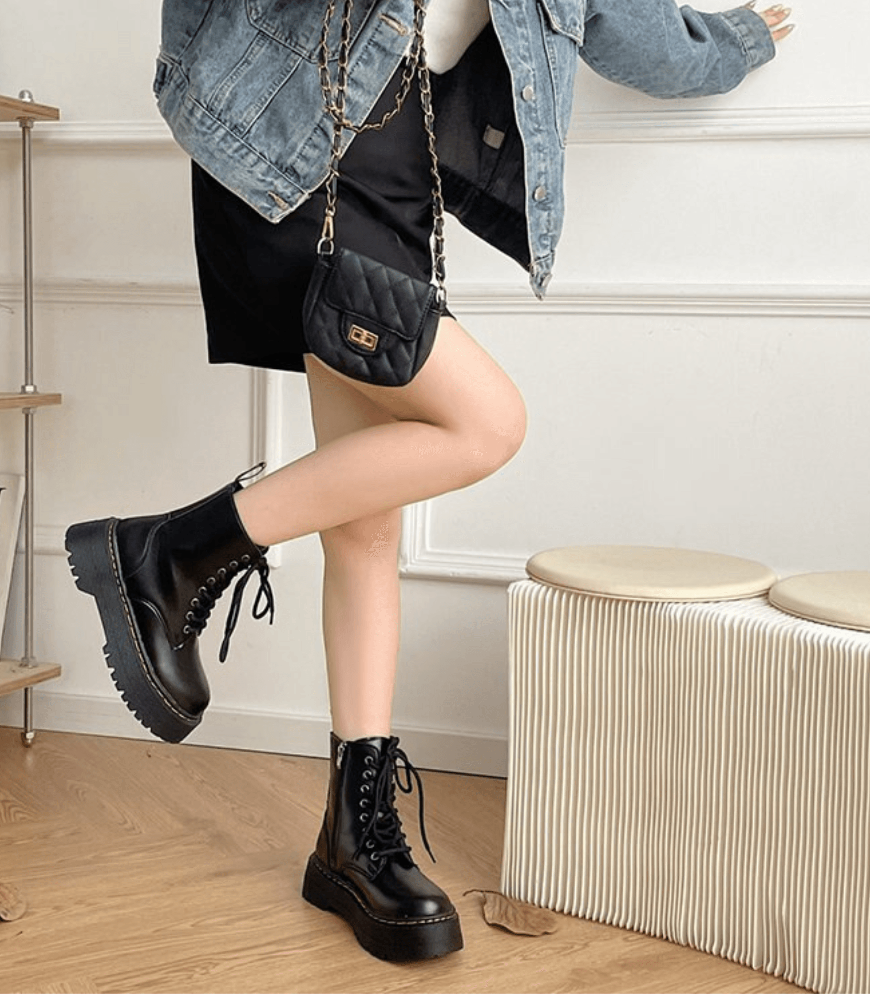 Lederstiefel - Schnürschuhe - Schwarz - Chunky Stiefel - Damenstiefel R&B