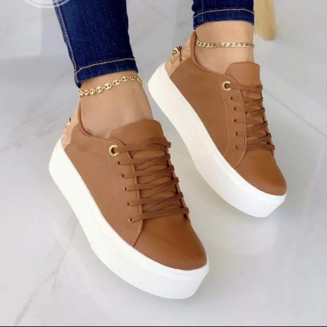 Leder-Sneaker - Damensneaker mit dickem Sohlen und Schnürverschluss R&B