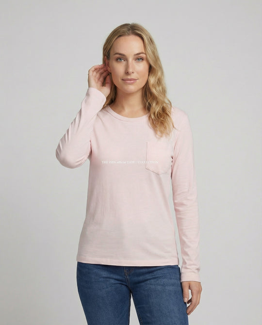 Lockeres Damen Langarmshirt mit Tasche Rundhals Koreanischer Stil Herbst
