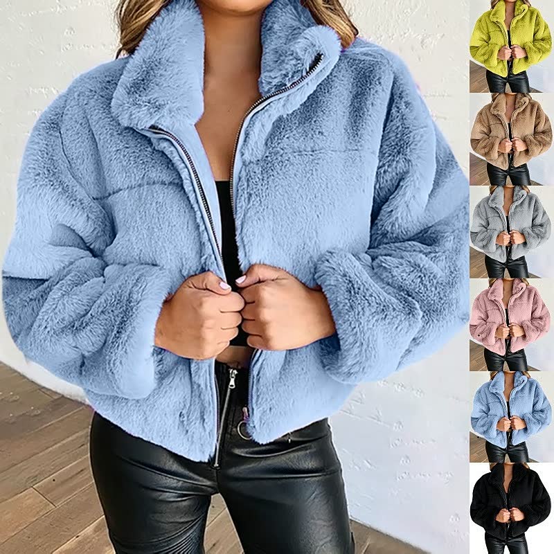 R&B | Warme Damen Teddyjacke mit Reißverschluss und Hohem Kragen