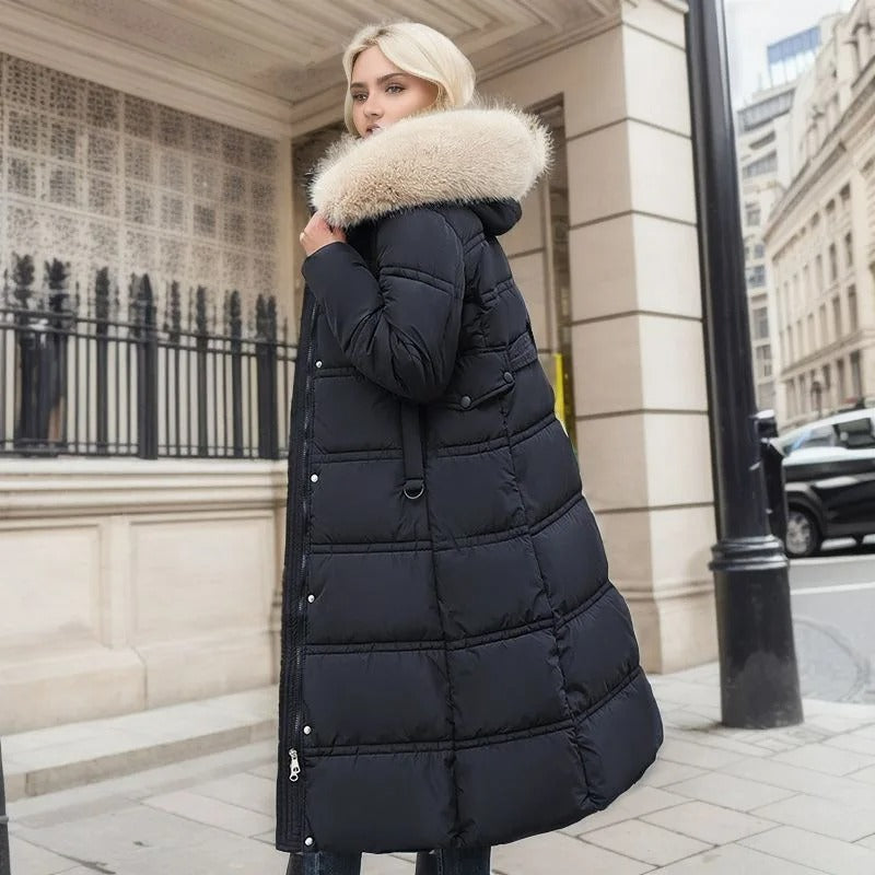 R&B | Lange Winterjacke - Puffer-Design - Kunstfellkapuze - Taillierter Gürtel - Warm und Isolierend