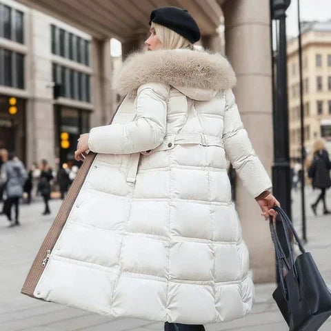 R&B | Slim Fit Überknielange Jacke mit Pelzkragen und Gürtel