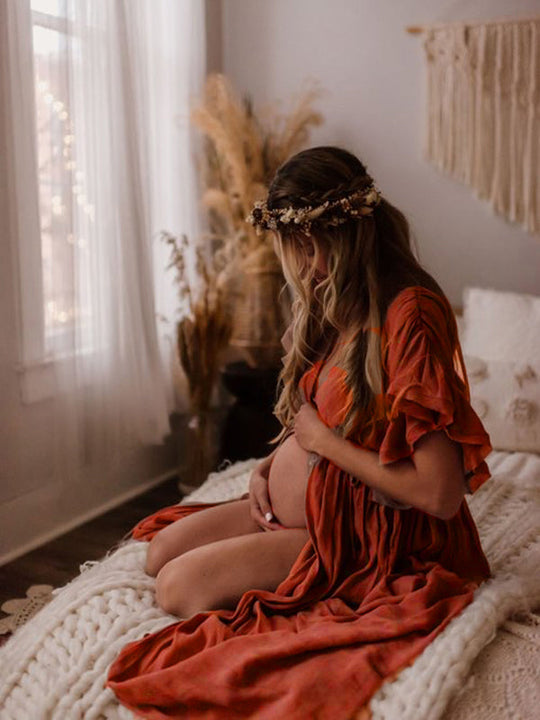 R&B | Schwangerschafts-Chaps für Fotoshootings, Babyparty-Kleider mit Knöpfen, Kordelzug, Rückenfrei