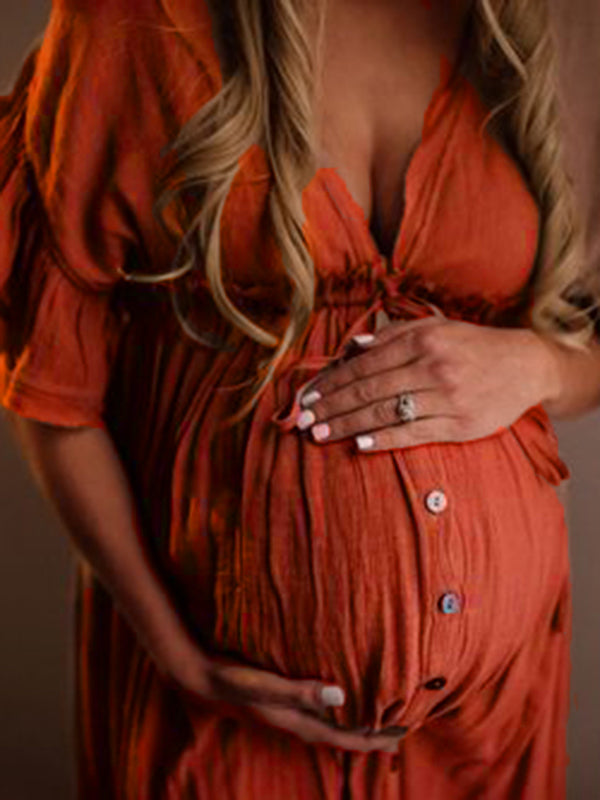 R&B | Schwangerschafts-Chaps für Fotoshootings, Babyparty-Kleider mit Knöpfen, Kordelzug, Rückenfrei