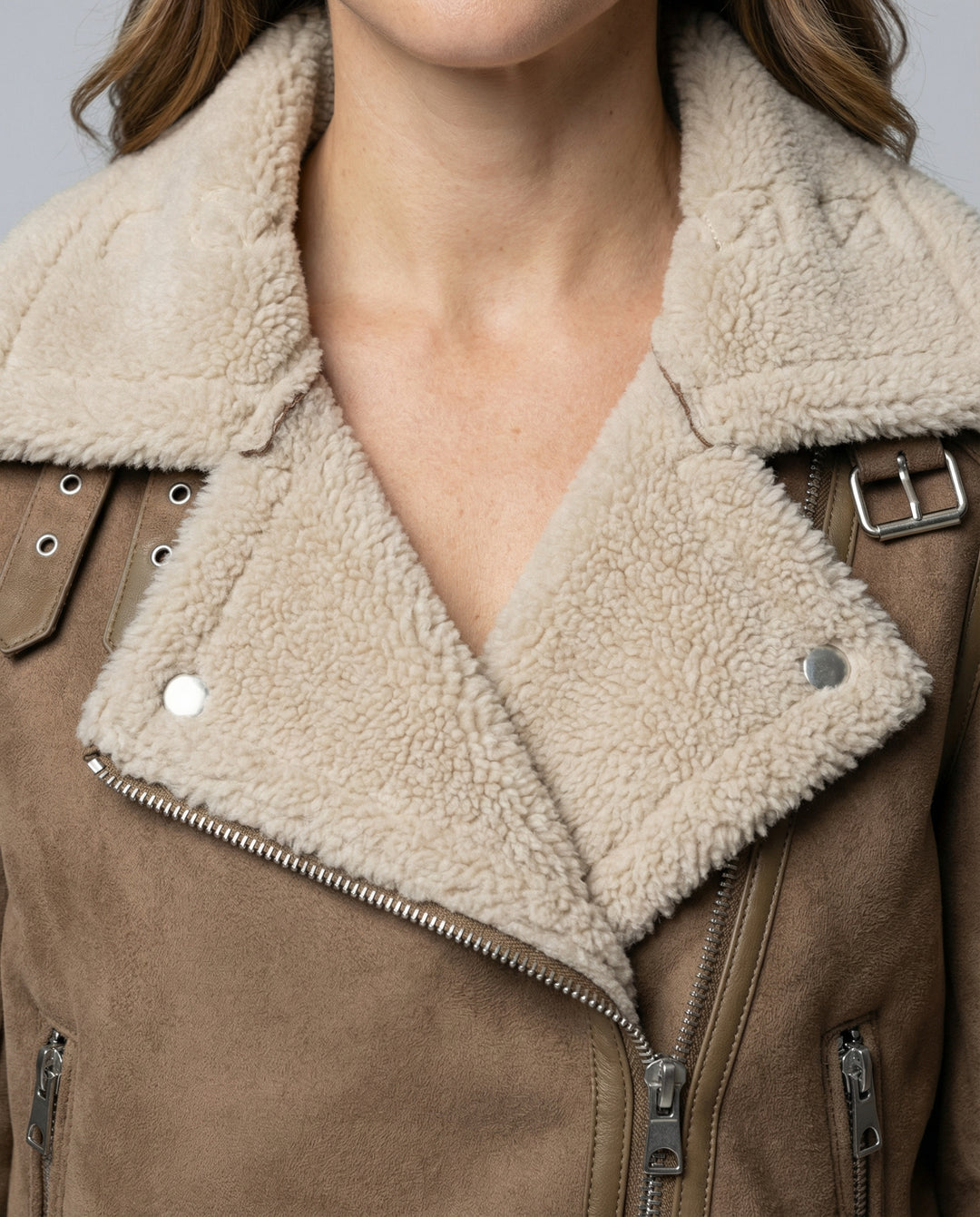 R&B | Damen Bikerjacke aus Wildleder mit warmem Fleece-Futter