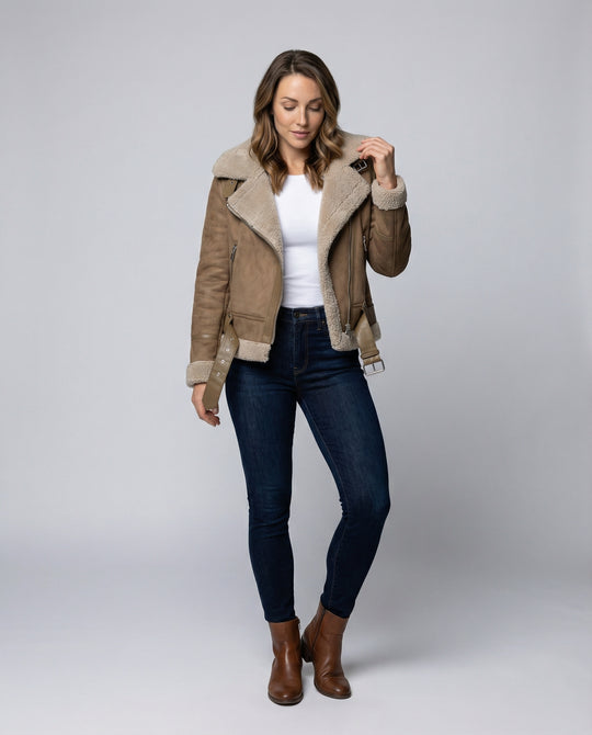 R&B | Damen Bikerjacke aus Wildleder mit warmem Fleece-Futter