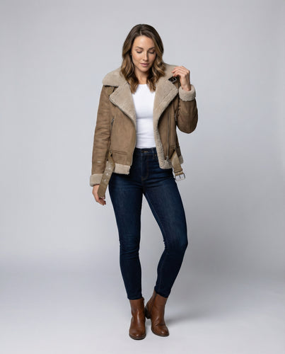 R&B | Damen Bikerjacke aus Wildleder mit warmem Fleece-Futter
