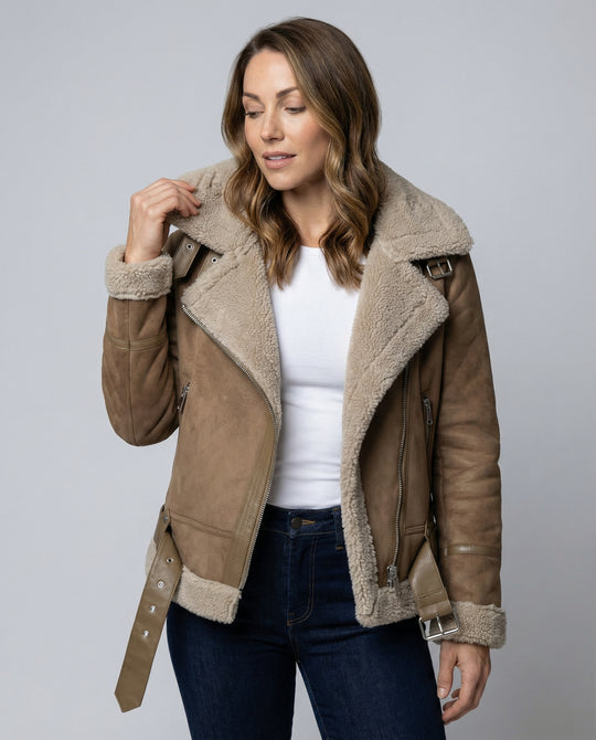 R&B | Damen Bikerjacke aus Wildleder mit warmem Fleece-Futter