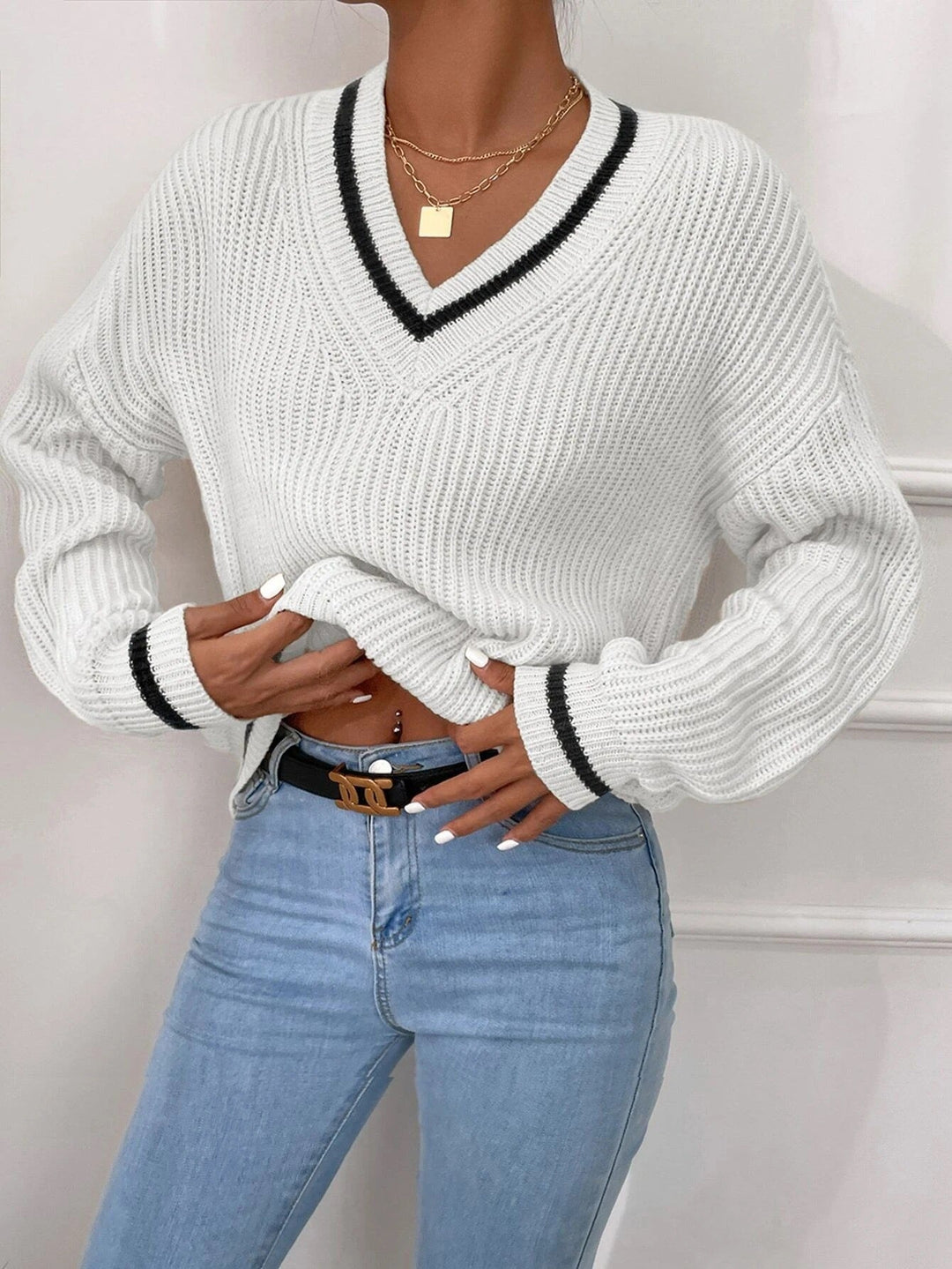 R&B | Pullover mit V-Ausschnitt und Patchwork