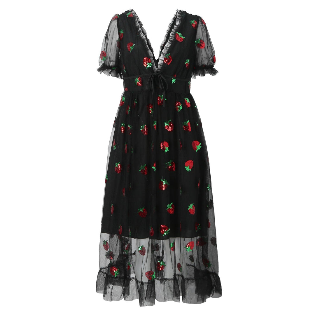 Damen Tüllkleid mit Verspieltem Erdbeer-Design und Eleganter Schnürung R&B