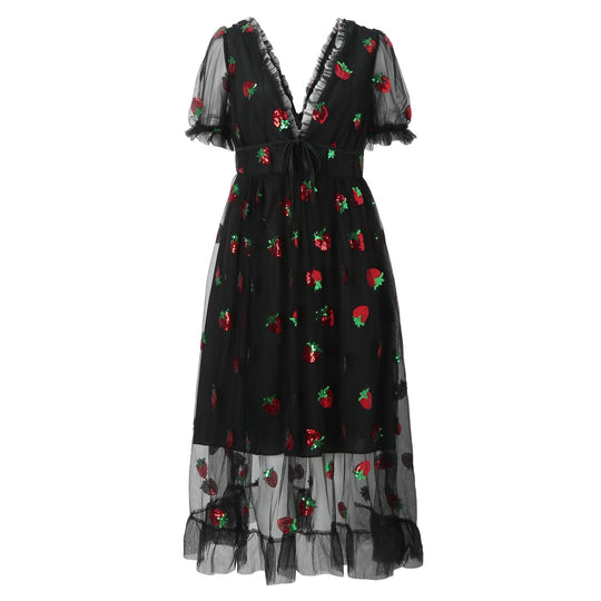Damen Tüllkleid mit Verspieltem Erdbeer-Design und Eleganter Schnürung R&B
