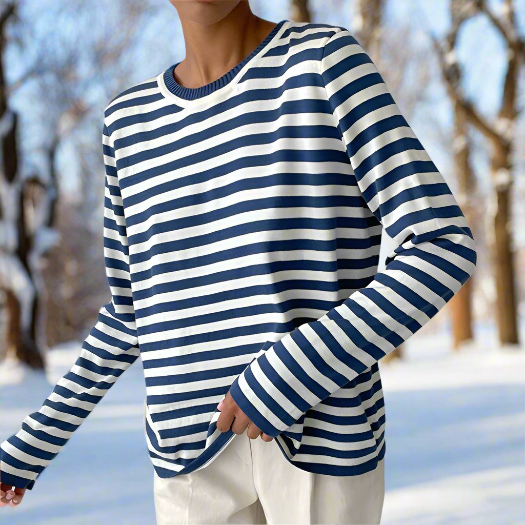 R&B | Langarm-T-Shirt Gestreift Rundhals Relaxed Fit Atmungsaktive Baumwolle