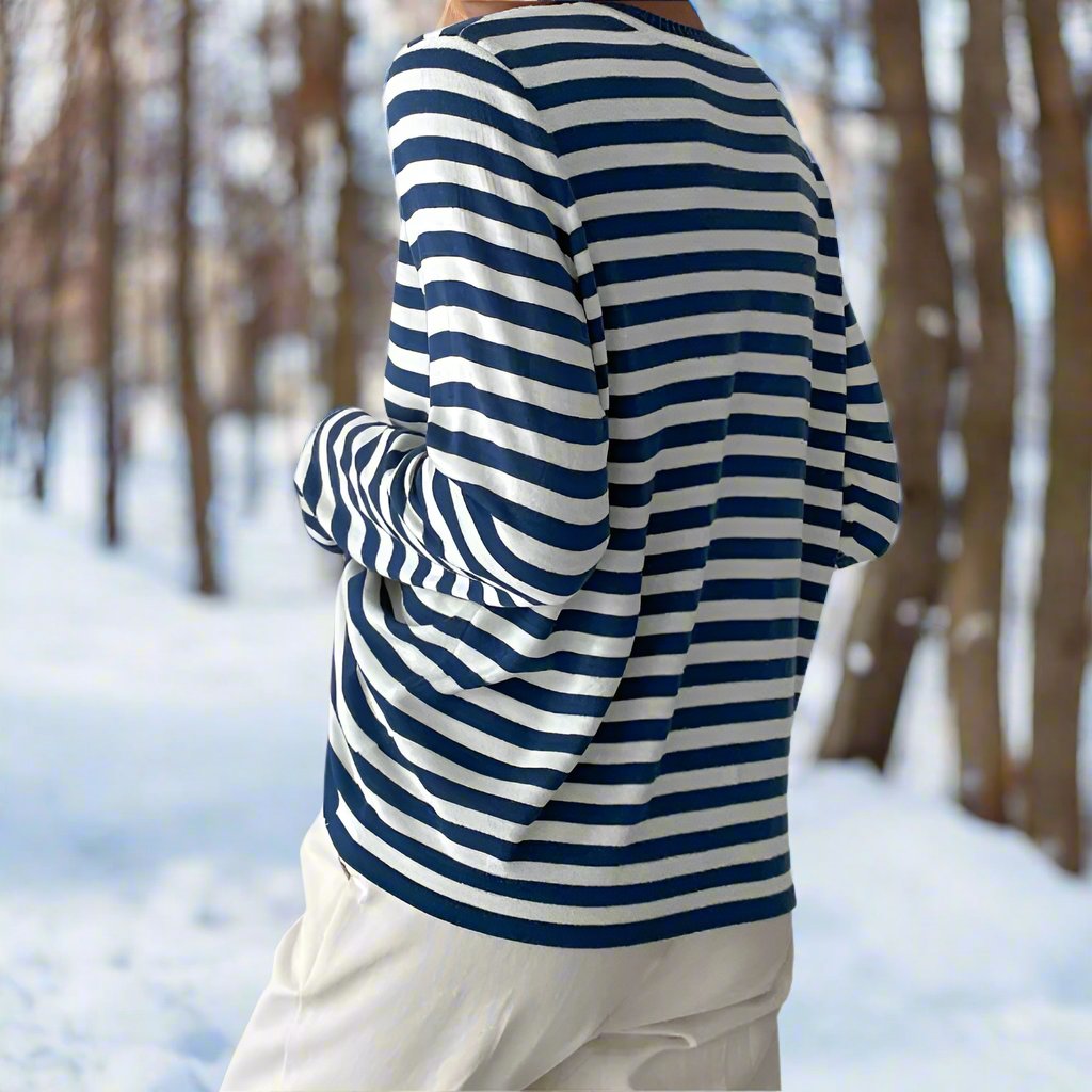 R&B | Langarm-T-Shirt Gestreift Rundhals Relaxed Fit Atmungsaktive Baumwolle