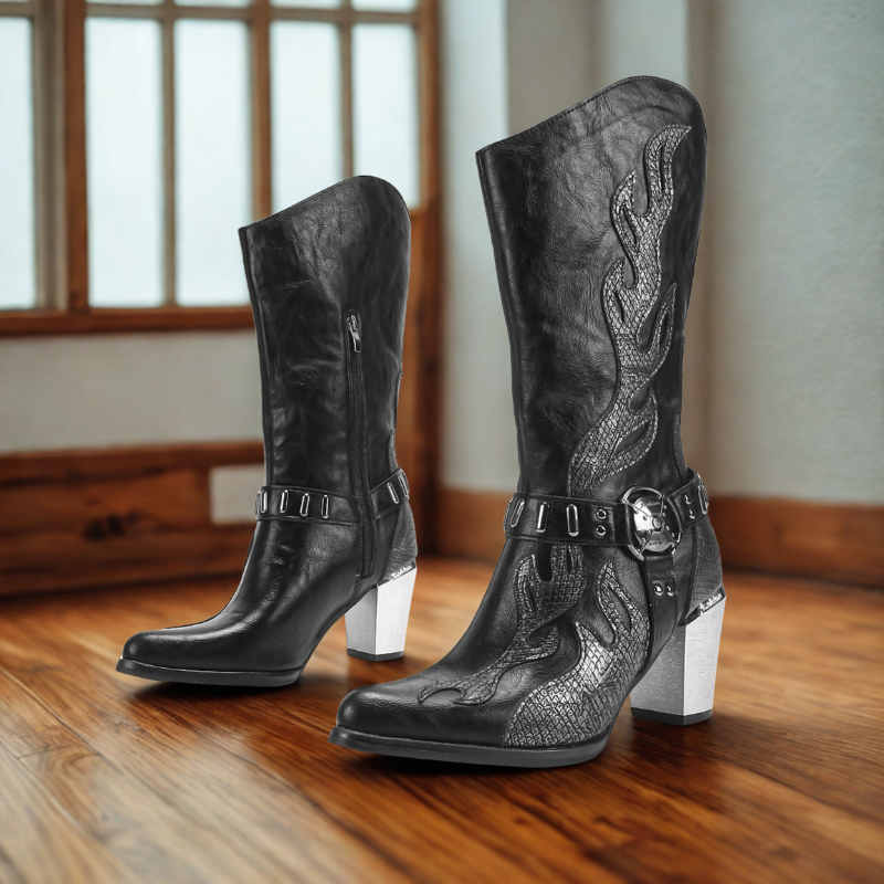 R&B | Stiefel - Leder - Mittelwaden - Spitzzehe - Metallischer Blockabsatz