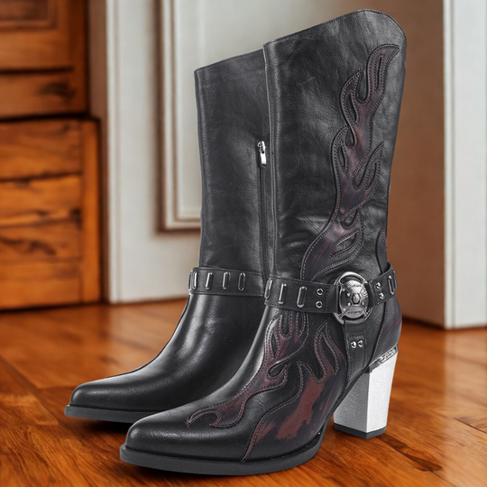 R&B | Stiefel - Leder - Mittelwaden - Spitzzehe - Metallischer Blockabsatz