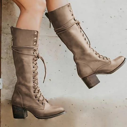 R&B | Knielange Stiefel Schnürung Vorn Blockabsatz Rundspitze Reißverschluss Hinten