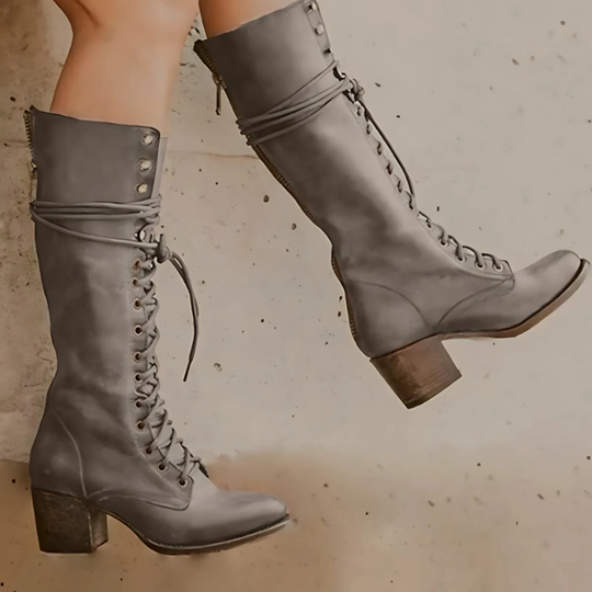 R&B | Knöchelhohe Stiefel – Schnürverschluss – Blockabsatz – Reißverschluss Hinten – Stabile Sohle