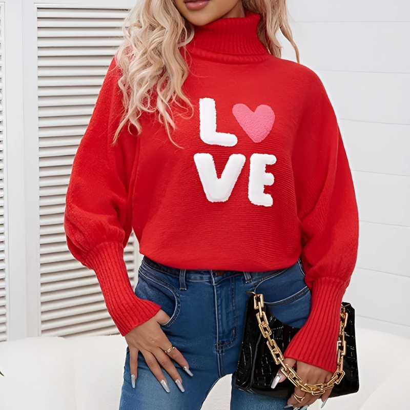 R&B | Damen Rollkragenpullover mit Langen Ärmeln und Love Print