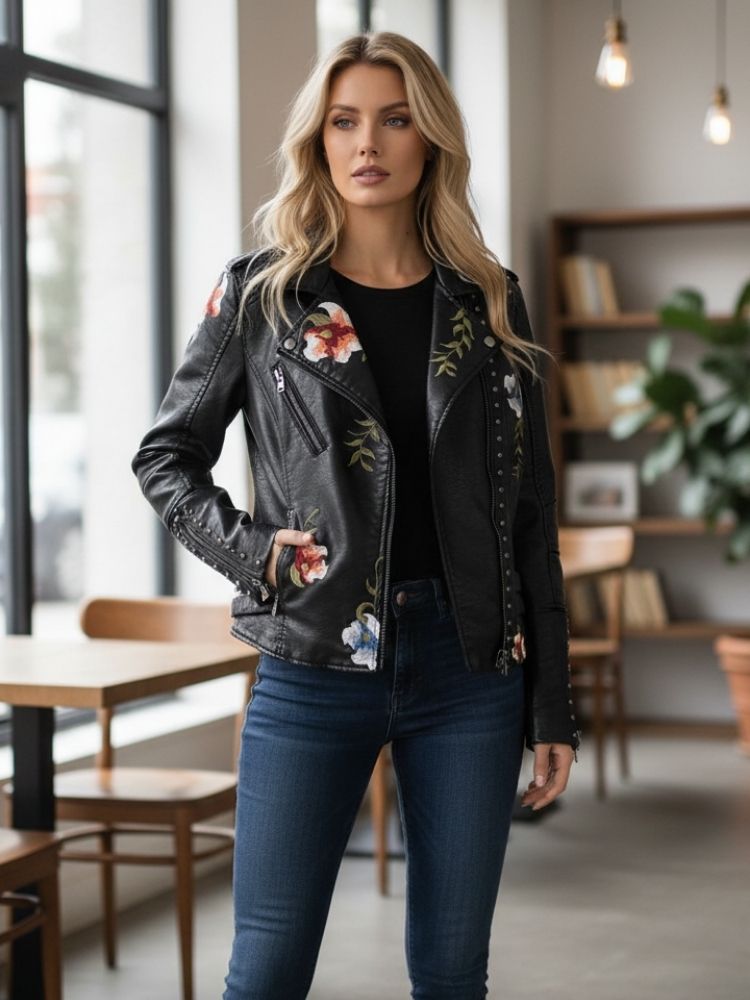 R&B | Damenlederjacke mit Eleganten und Schicken Bestickten Blumen