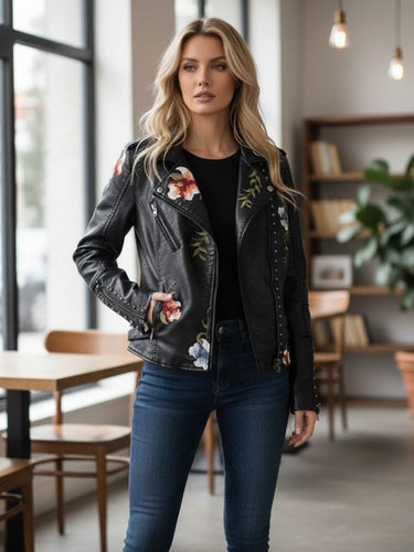 R&B | Damenlederjacke mit Eleganten und Schicken Bestickten Blumen