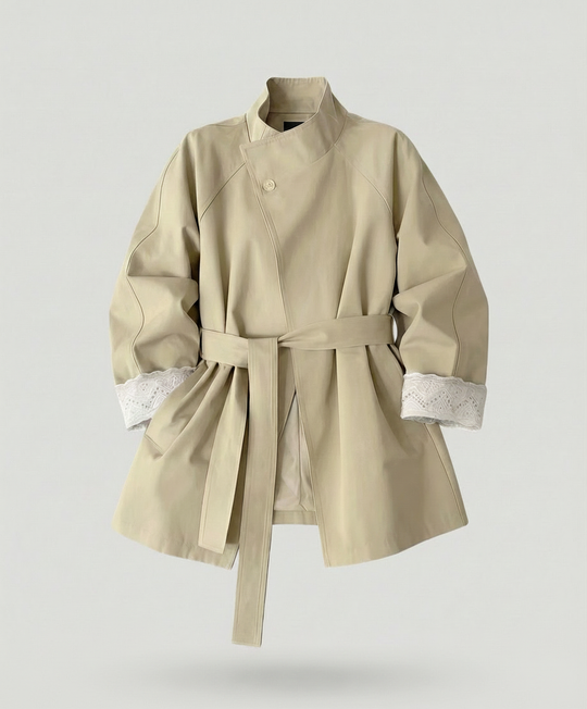 Damen Mode online taillierter Trenchcoat mit Stehkragen und Spitzenmanschetten R&B
